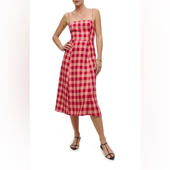 REFORMATION CHRISTEN PLAID PLEAT MIDI SUNDRESS IN CONCHA CHECK B850 - Picture 1 of 5